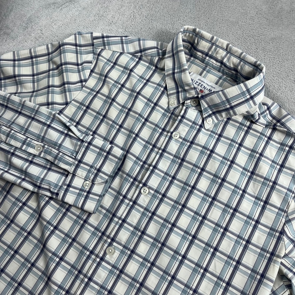 Mizzen+Main Leeward Blue White Plaid Trim Fit Dress Shirt Large Tall Mens